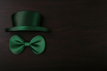Elegant green bow tie and hat arranged on dark wooden surface, p