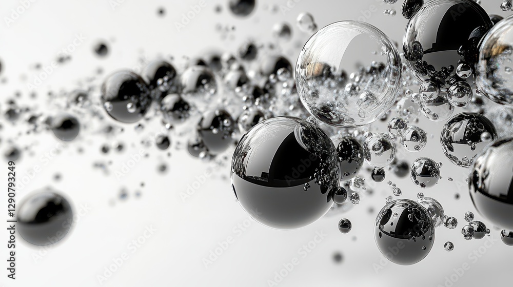 Poster simple yet dynamic black and white bubble composition, drawn with clean vector-like precision, scatt