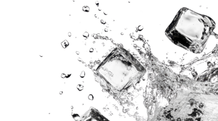 Frozen ice blocks and crushed ice randomly arranged on a pure white background, crisp and hyper-realistic.