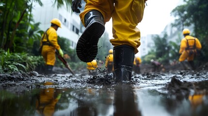 a group of people in yellow protective suits working in a muddy environment 