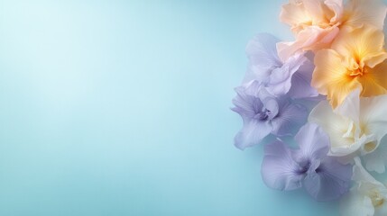 This captivating image showcases a beautiful arrangement of pastel-hued flowers against a serene soft blue background, perfect for spring or summer themes.