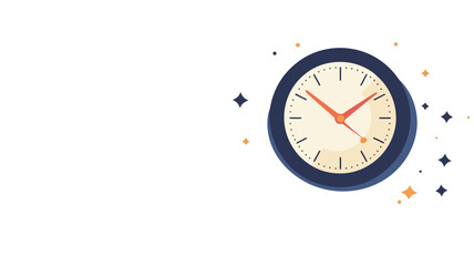 A digital illustration depicting a simple, round, analog clock with a navy blue frame and a beige face.  The clock hands indicate a time.  Red and orange colored sparkles or dust particles are