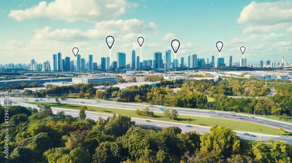 Poster a city skyline with multiple package delivery routes marked digitally