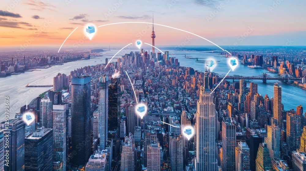 Poster a city skyline with multiple package delivery routes marked digitally