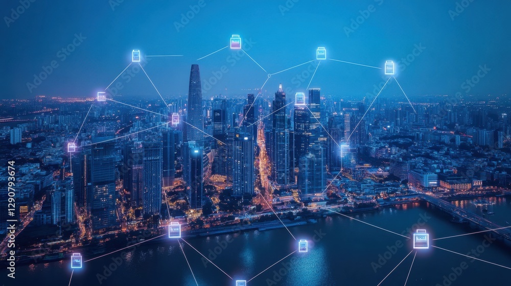 Poster a city skyline with multiple package delivery routes marked digitally