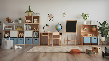 Kids' study space at home. The interior features a contemporary, gender-neutral design with a desk, chair, bookshelves, lamps, a chalkboard, an Earth globe, plants, boxes, toys, a rug, and laminate fl