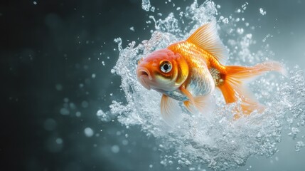 A vibrant goldfish leaps through clear, sparkling water, showcasing its bright colors against a blurred background, symbolizing freedom and vitality in nature.