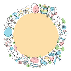 Vector frame, border, wreath from color traditional Easter elements: ornamental eggs, bunnies, cakes, flowers, bows. Simple holiday background, decoration in doodle style