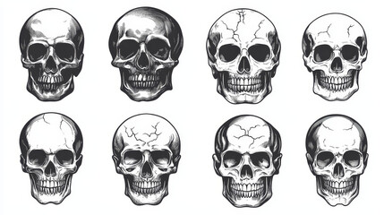 Different style skulls faces vector illustration halloween horror style tattoo anatomy art.