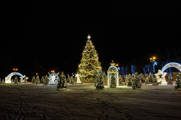 New Year's decoration. Christmas tree near the St. Nicholas Cathedral in Kronshtadt. Celebrating the New Year in Russia.