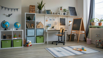 Kids' study space at home. The interior features a contemporary, gender-neutral design with a desk, chair, bookshelves, lamps, a chalkboard, an Earth globe, plants, boxes, toys, a rug, and laminate fl