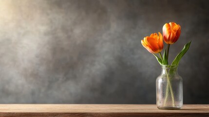 An artistic capture of two beautiful orange tulips displayed in a vintage glass jar, featuring a rustic wooden surface and a dreamy blurred background.