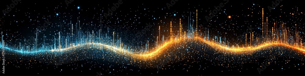 Poster abstract data flow blue and orange light trails on a dark background with sparkling particles