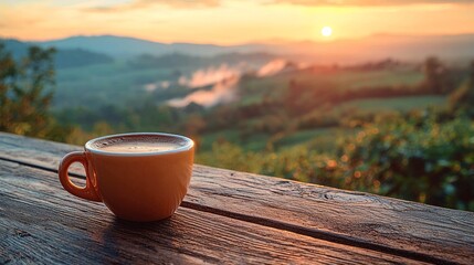 A steaming cup of hot coffee placed on a wooden table, with the warm sunrise glowing 