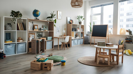 Kids' study space at home. The interior features a contemporary, gender-neutral design with a desk, chair, bookshelves, lamps, a chalkboard, an Earth globe, plants, boxes, toys, a rug, and laminate fl