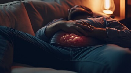 Stomach pain felt by a person lying on a sofa, clutching their stomach. Featuring discomfort and healing