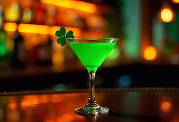 Green martini with shamrock clover. Rain is falling. Wooden table in the night bar
