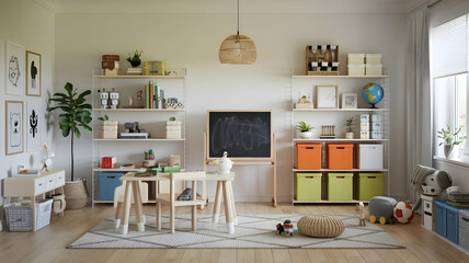 Kids' study space at home. The interior features a contemporary, gender-neutral design with a desk, chair, bookshelves, lamps, a chalkboard, an Earth globe, plants, boxes, toys, a rug, and laminate fl