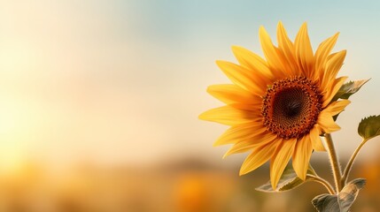 A captivating sunflower stands tall in the late afternoon light, showcasing its vibrant yellow petals against a backdrop of a beautiful golden horizon.