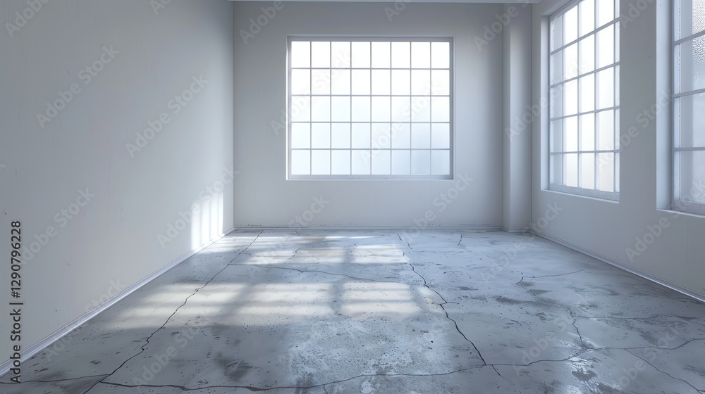 Poster an empty room with white walls and large windows.