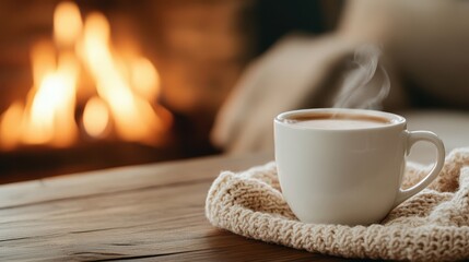 A delightful steaming cup of coffee rests on a knitted placemat, surrounded by a cozy setting with a warm fireplace flickering in the background for a comforting atmosphere.