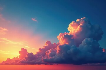 Fiery clouds fill vast blue sky, intense colors, horizontal format, clouds, photography, art