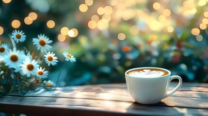 Coffee espresso on wood table nature background in garden,warm tone