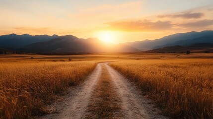 A captivating sunset over vast golden fields frames a winding dirt road leading into the distance, evoking feelings of peace and a longing for adventure in nature.