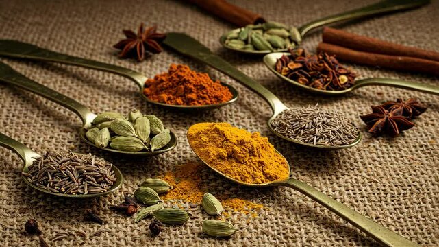 An arranged display of various colorful spices on spoons