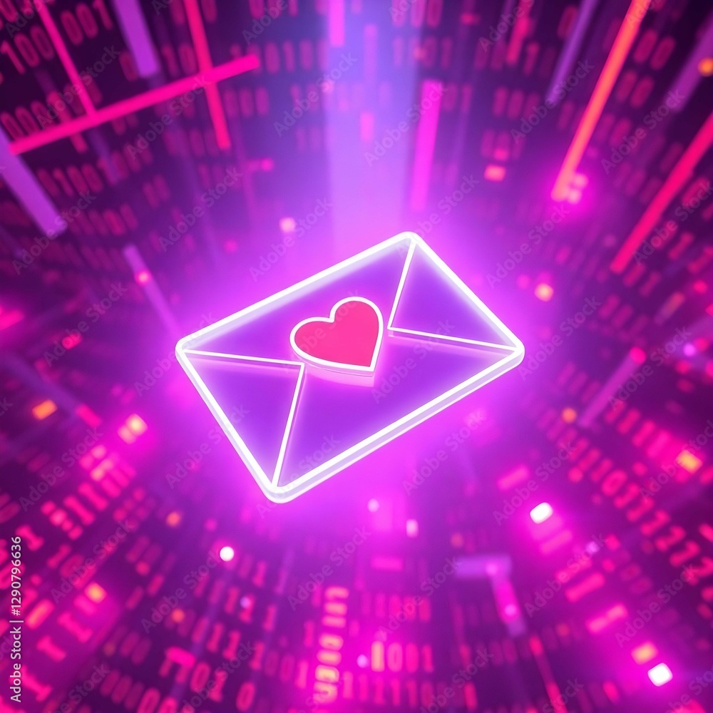 Poster a glowing outline of an envelope with a red heart floats amidst a digital, binary-infused purple and