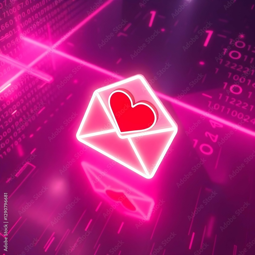 Poster a glowing outline of an envelope with a red heart floats amidst a digital, binary-infused purple and