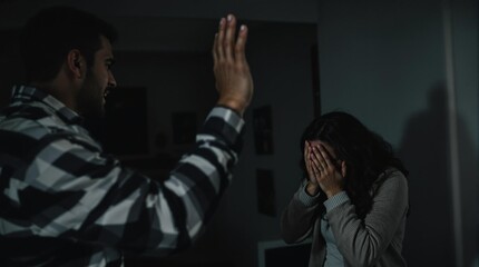 Obraz premium A man raises his hand to hit a woman. The woman is scared and covers her face with her hands. Domestic violence. For news about abusers and family scandals