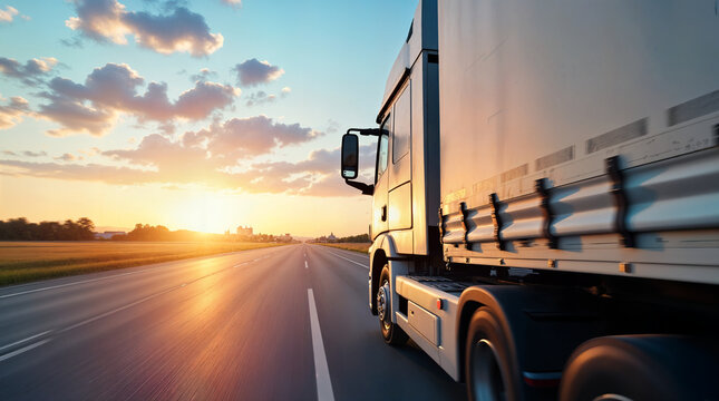 white trailer truck on empty roads at sunset concept concepto de cami&oacute;n remolque blanco en carreteras vac&iacute;as al atardecer concept de camion remorque blanc sur des routes d&eacute;sertes au coucher du soleil