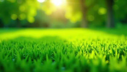 Realistic artificial grass field, bright green plastic blades Outdoor setting with dappled sunlight , vibrant, grass background, playground