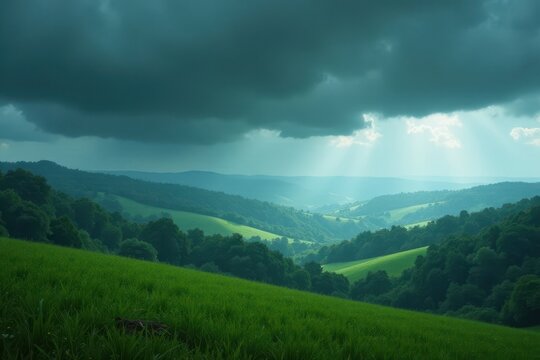 Rolling hills drenched in rain, brooding sky filled with dark clouds , dramatic, powerful