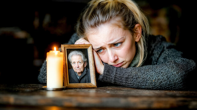 une jeune femme pleure en regardant la photo de sa m&egrave;re pos&eacute; sur une table &agrave; c&ocirc;t&eacute; d'une bougie, elle fait son deuil