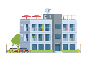 Apartment Building Vector Illustration. Urban Mid-Rise Housing in Flat Style and Clean Design