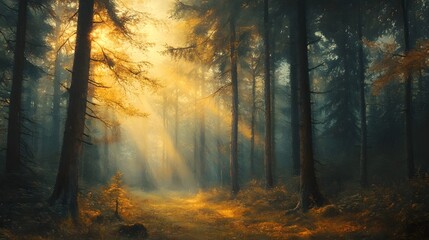 Enchanted Forest Sunlight Burst - Atmospheric Autumn Woodland Landscape Scene