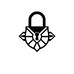 Black and white minimalist shield-shaped padlock design on a white background with a keyhole at the center, simple and modern.