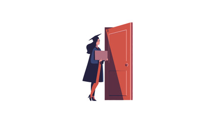 A vector illustration depicting a female graduate student in a cap and gown holding a diploma or book. She stands beside a partially opened red door against a white background. The style is