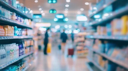 Blurred background of an airport store with many products on the shelves and people shopping, close-up, bokeh effect, blue, white, and purple color scheme