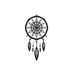 Fototapeta premium Intricate black and white dreamcatcher design, with feathers and details, on a clean white background.