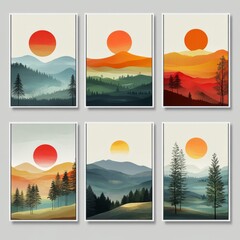Minimalist designs of greeting cards. Each card depicts abstract, stylized landscapes composed of flowing lines and layered shapes.