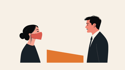 Obraz premium The illustration depicts a stylized vector graphic showing a man and a woman in profile view. They are positioned on opposite sides of a low orange rectangular barrier, suggesting social
