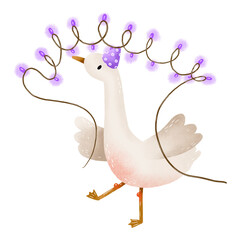 Cartoon goose with purple light garland. Happy birthday hand drawn card. Poster for kids, baby, newborn