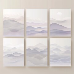 Minimalist designs of greeting cards. Each card depicts abstract, stylized landscapes composed of flowing lines and layered shapes.