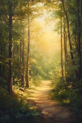 Majestic Enchanted Woodland in Impressionist Oil Painting with Soft Golden Light and Lush Foliage