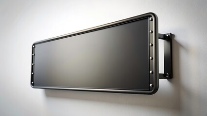 Sleek Matte Black Rectangular Sign, Minimalist Metal Frame, Long Exposure Photography, White Background, Modern Signage, Blank Sign Mockup