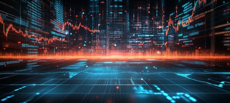 Abstract Futuristic Cityscape with Orange and Blue Lights, Data, and Financial Charts