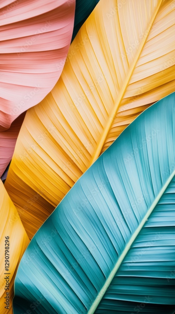 Poster bright palm leaves in shades of teal, yellow, and pink create a lively abstract backdrop, perfect fo